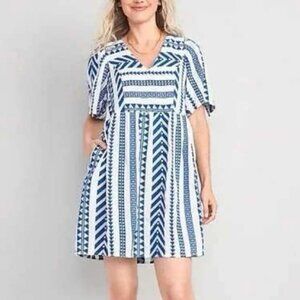 Old Navy V-Neck Blue & White Mini Swing Dress